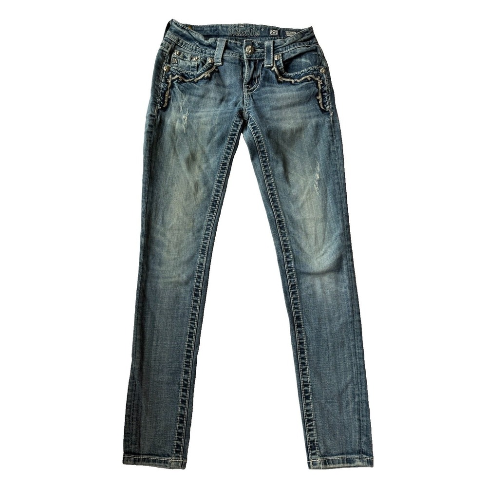 Miss Me Low Rise Ankle Skinny Jeans Womens 25 Blue Distressed Embellished